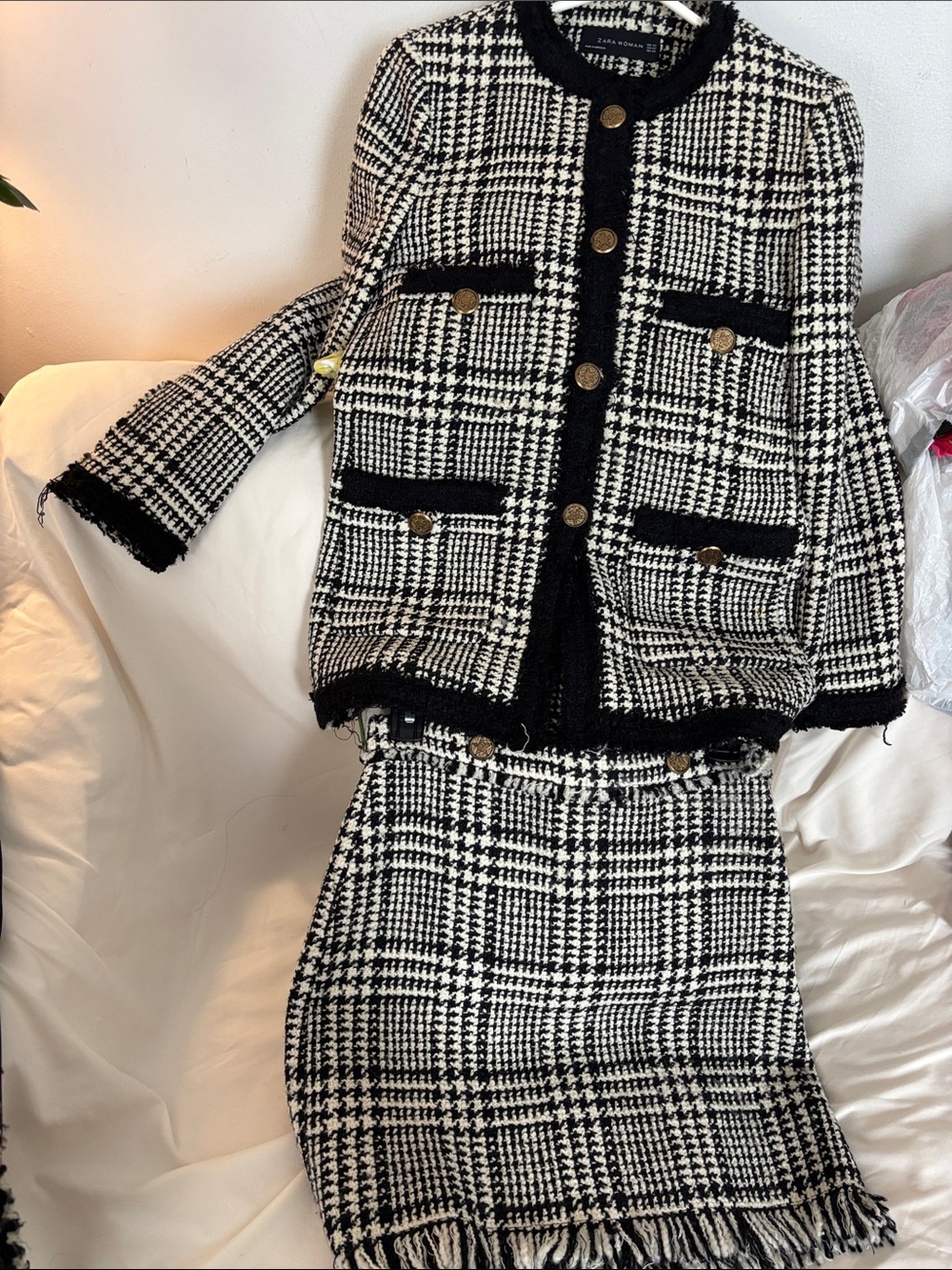 Gently worn Zara Black and White Tweed Blazer with Matching Skirt